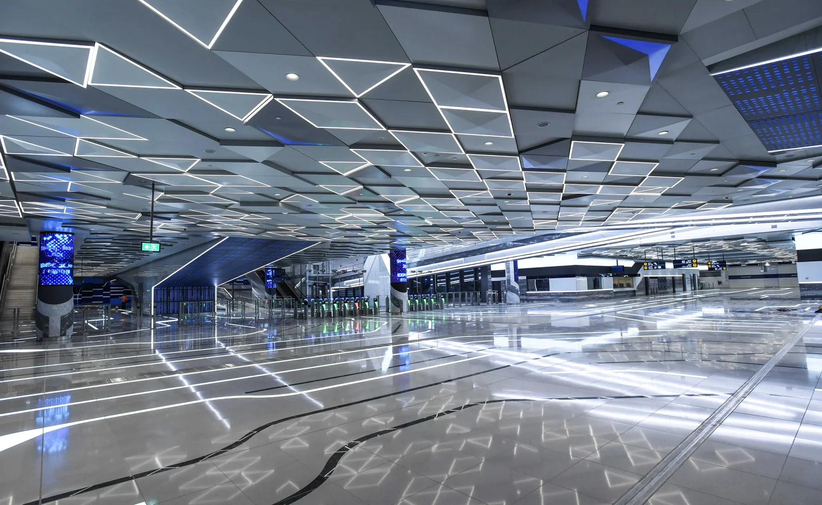 Feature ceiling with diamond tiles and integrated lighting