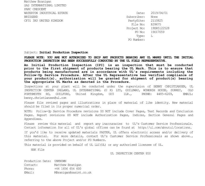 UL Fire Performance Inspection Certificate